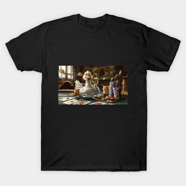 Crazy duck is playing poker and eating sandwich T-Shirt by Maverick Media